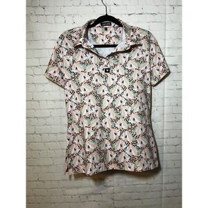 Bad Birdie Womens XL Golf Polo Shirt Abstract Geometric Peach Green Short Sleeve